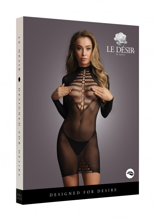 Le Desir Long Sleeve Fishnet Dress Black Fishnet and Thigh Highs
