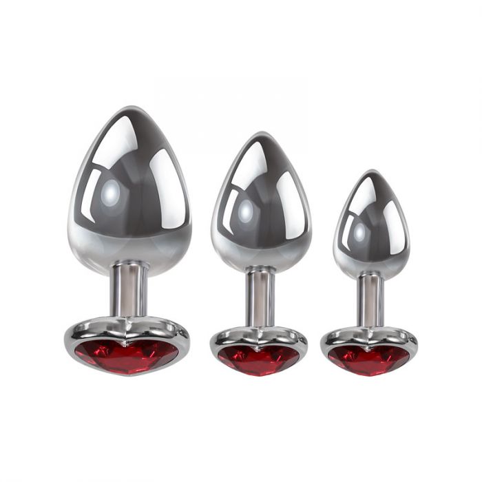 Adam and Eve Three Hearts Gem Metallic Anal Plug Set with Gem Bases Butt Plugs
