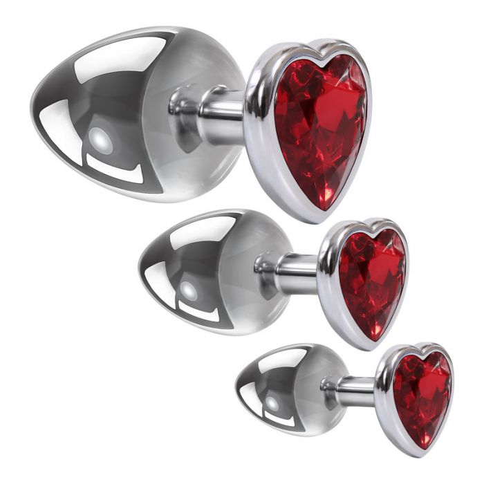 Adam and Eve Three Hearts Gem Metallic Anal Plug Set with Gem Bases Butt Plugs