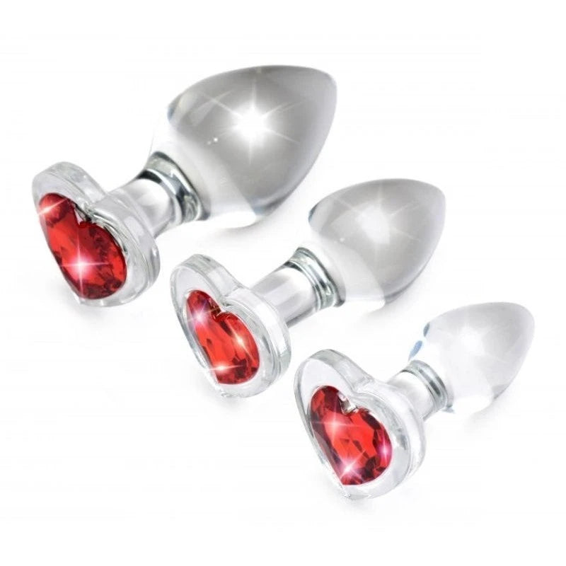 Booty Sparks Red Heart Gem Glass Anal Plug Set Butt Plugs