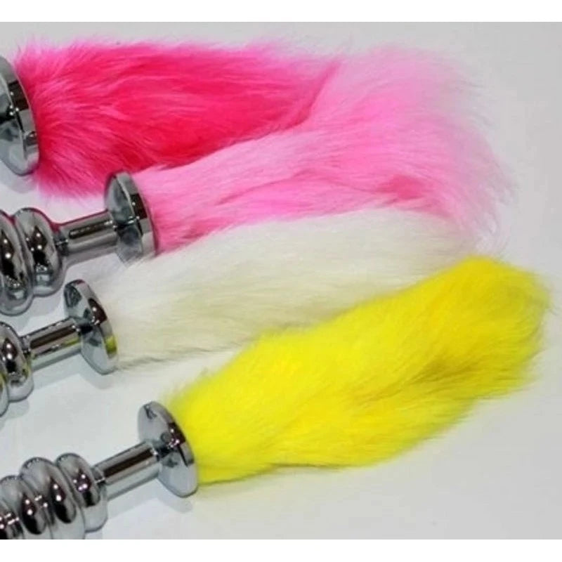 Faux Rabbit Tail Ribbed Butt Plug Silver Large Butt Plugs