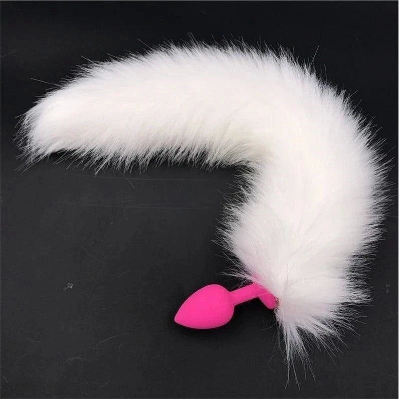 White Faux Fox Tail with Pink Silicone Butt Plug Prostate Toys