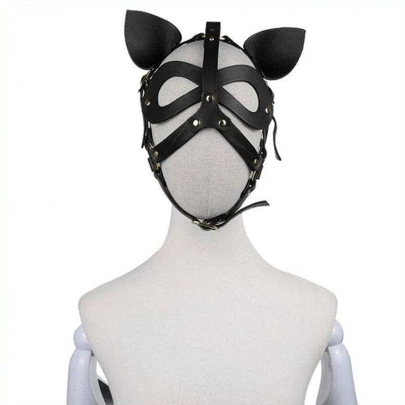 Bondage Leather Cat Mask With Ears Butt Plugs