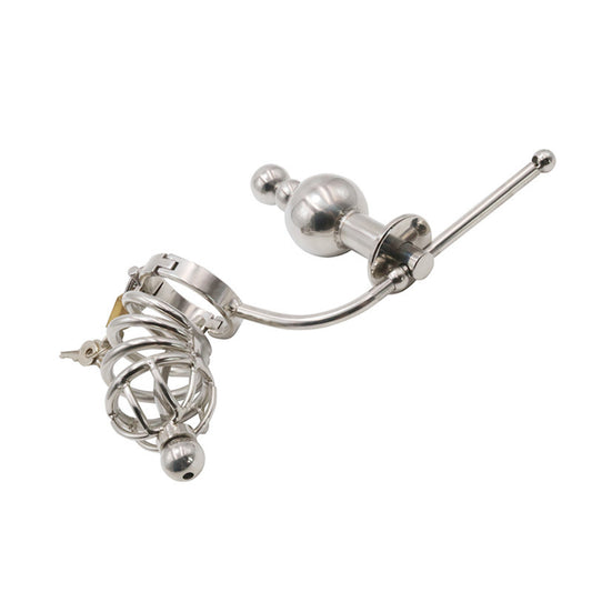 Chastity Cage Urethral Tube With Anal Plug - Male Chastity