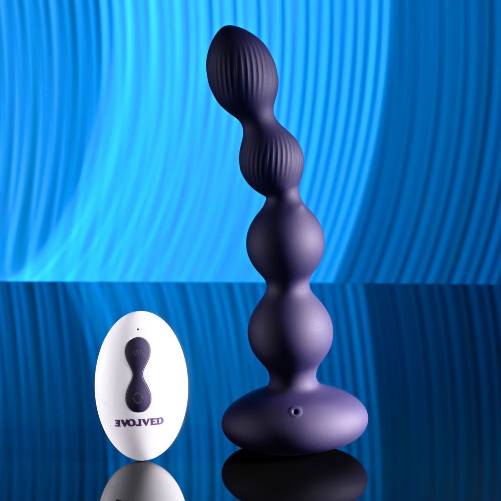 Evolved PLEASURE ORBIT Twirling & Vibrating Anal Beads with Remote Navy Blue Anal Beads and Balls
