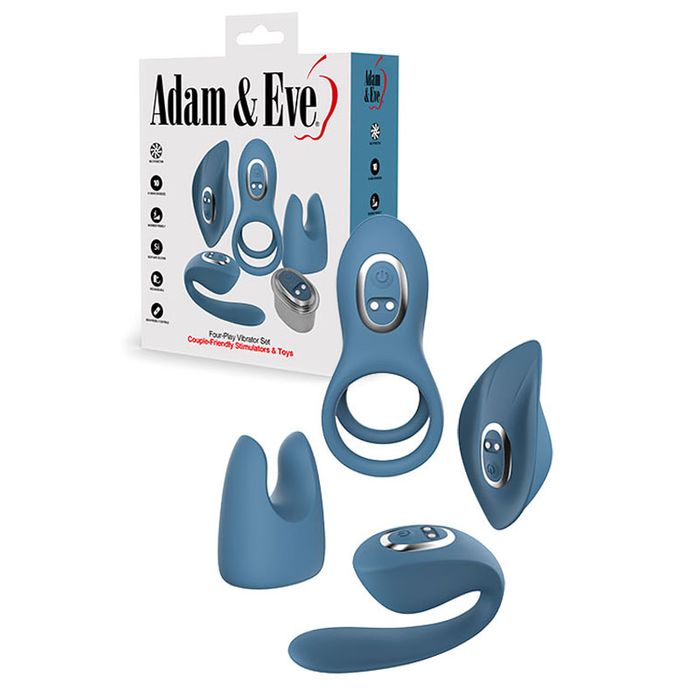 Adam and Eve FOUR PLAY USB Rechargeable Couples Vibrator Kit Blue Sex Toys For Couples