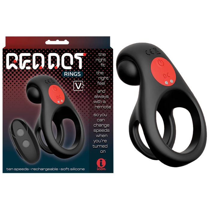 Icon Brands Red Dot V2 Vibrating Cock and Ball Ring Black Vibrating Cock Rings