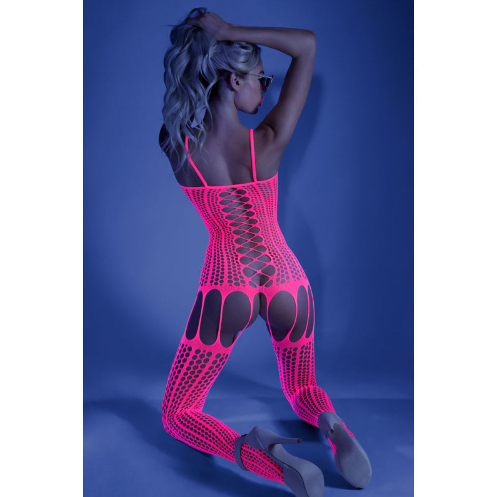 Glow Hypnotic Bodystocking - Mesmerizing Neon Fishnet Allure Body Stockings