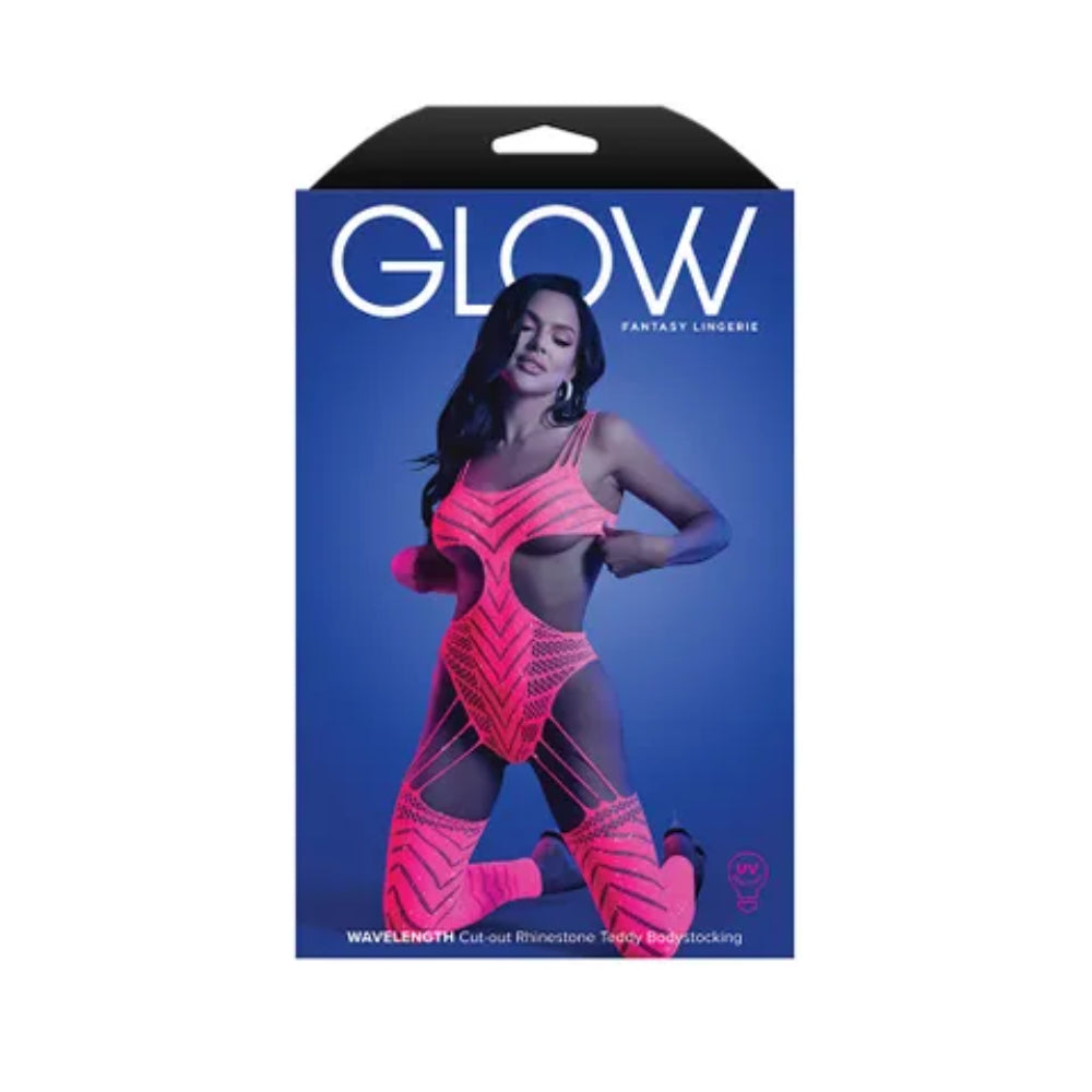 Radiant Rhinestone Glow Bodystocking - Neon Pink UV-Reactive Delight Body Stockings