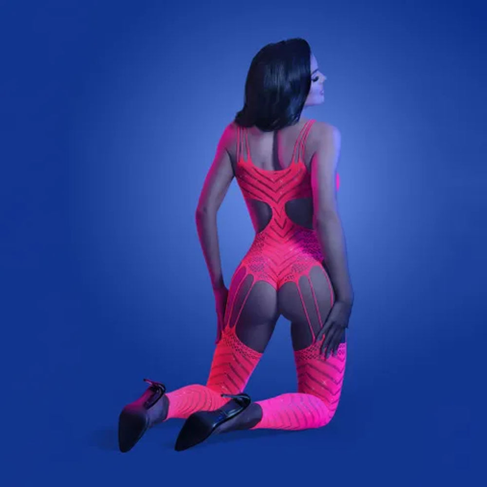 Radiant Rhinestone Glow Bodystocking - Neon Pink UV-Reactive Delight Body Stockings