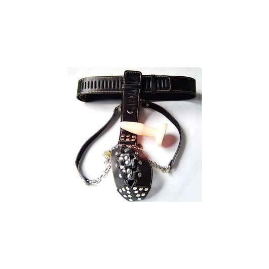 Dungeon Ware Leather Chastity Harness With Anal Plug - Male Chastity