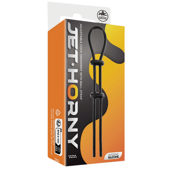 Jet Horny Adjustable Male Cock Ornament with Ball Strap Black Stretchy Cock Rings