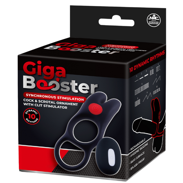 Giga Booster Vibrating Cock & Scrotal Ring With Clit Stimulator Black Vibrating Cock Rings
