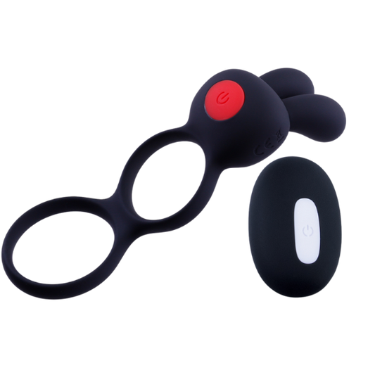 Giga Booster Cock & Scrotal Ornament With Clit Stimulator Black Vibrating Cock Rings