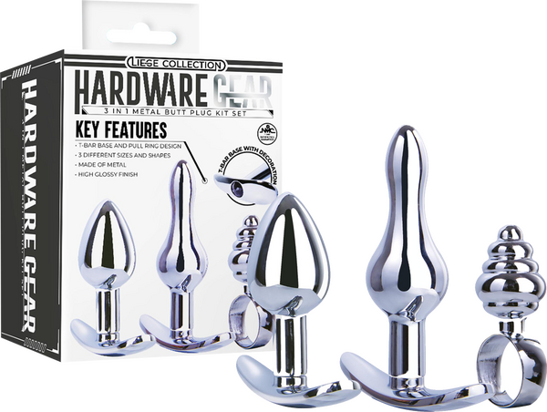 Hardware Gear T Bar Base 3 In 1 Metal Butt Plug Kit Set Chrome Butt Plugs
