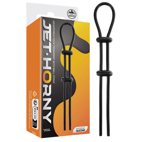 Jet Horny Adjustable Male Cock Ornament with Ball Strap Black Stretchy Cock Rings