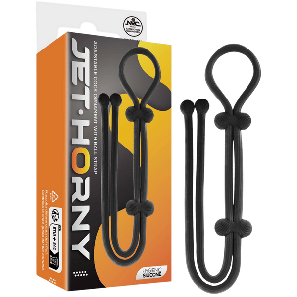 Jet Horny Adjustable Cock Ring with Ball Strap Black Stretchy Cock Rings