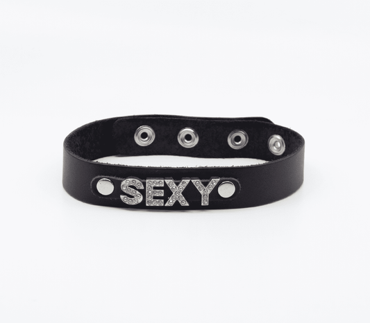 Love In Leather Diamante Sexy Word BDSM Collar - Collars and Leads