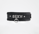 Love In Leather Diamante Sexy Fluffy Bondage Collar Black Collars and Leads