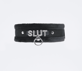 Love In Leather Diamante Slut Fluffy Fetish Collar Black Collars and Leads