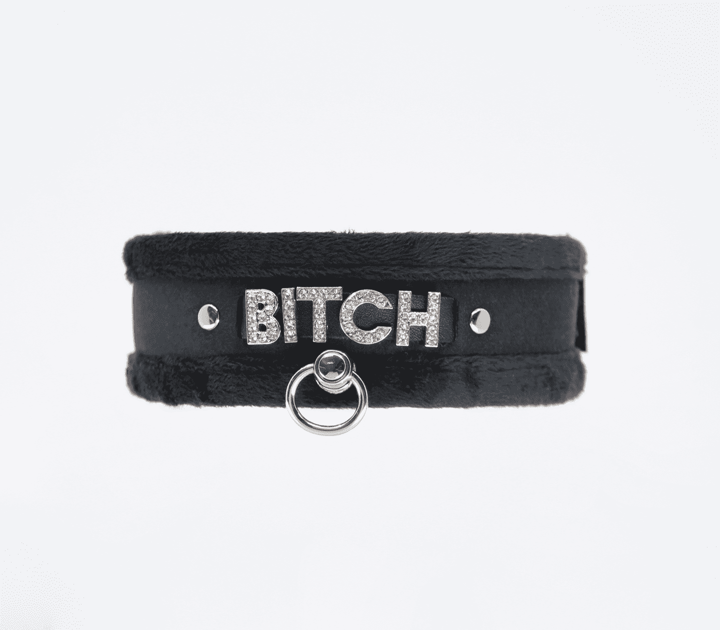 Love In Leather Diamante Bitch Fluffy Bondage Collar Black Collars and Leads