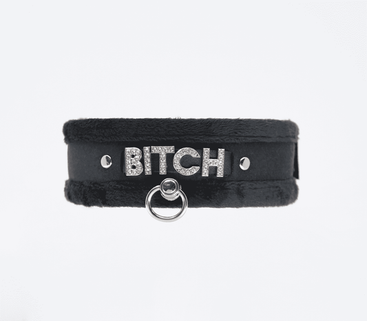 Love In Leather Diamante Bitch Fluffy Bondage Collar - Collars and Leads