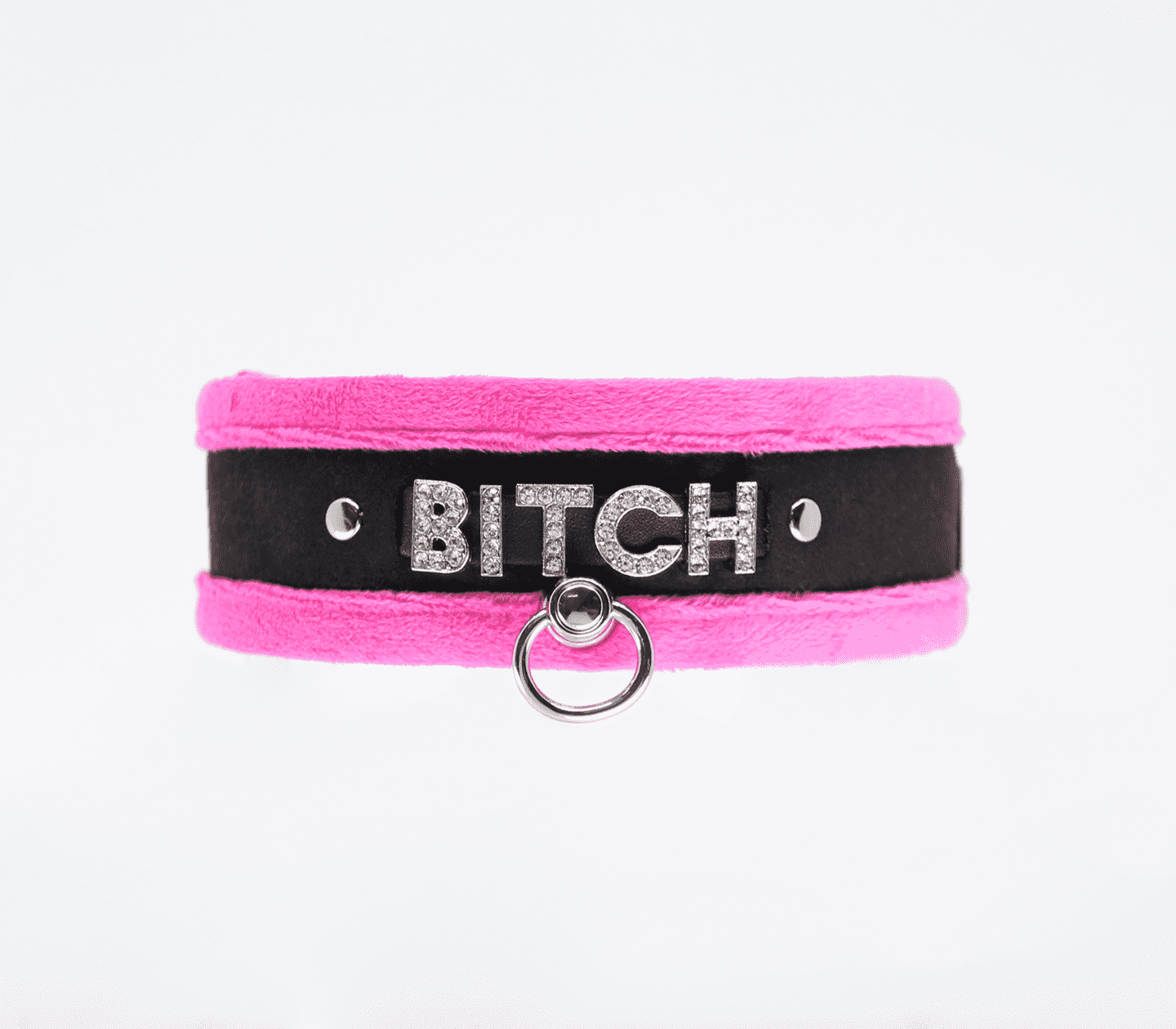 Love In Leather Diamante Bitch Fluffy Bondage Collar Pink Collars and Leads