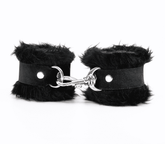Love In Leather Fluffy Cuffs with Suede Leather Strap Black Cuffs And Restraints