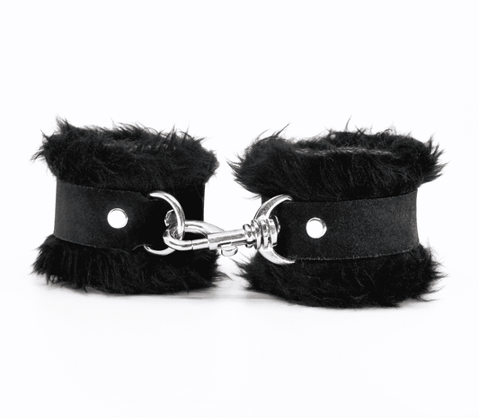 Love In Leather Fluffy Cuffs with Suede Leather Strap - Cuffs And Restraints