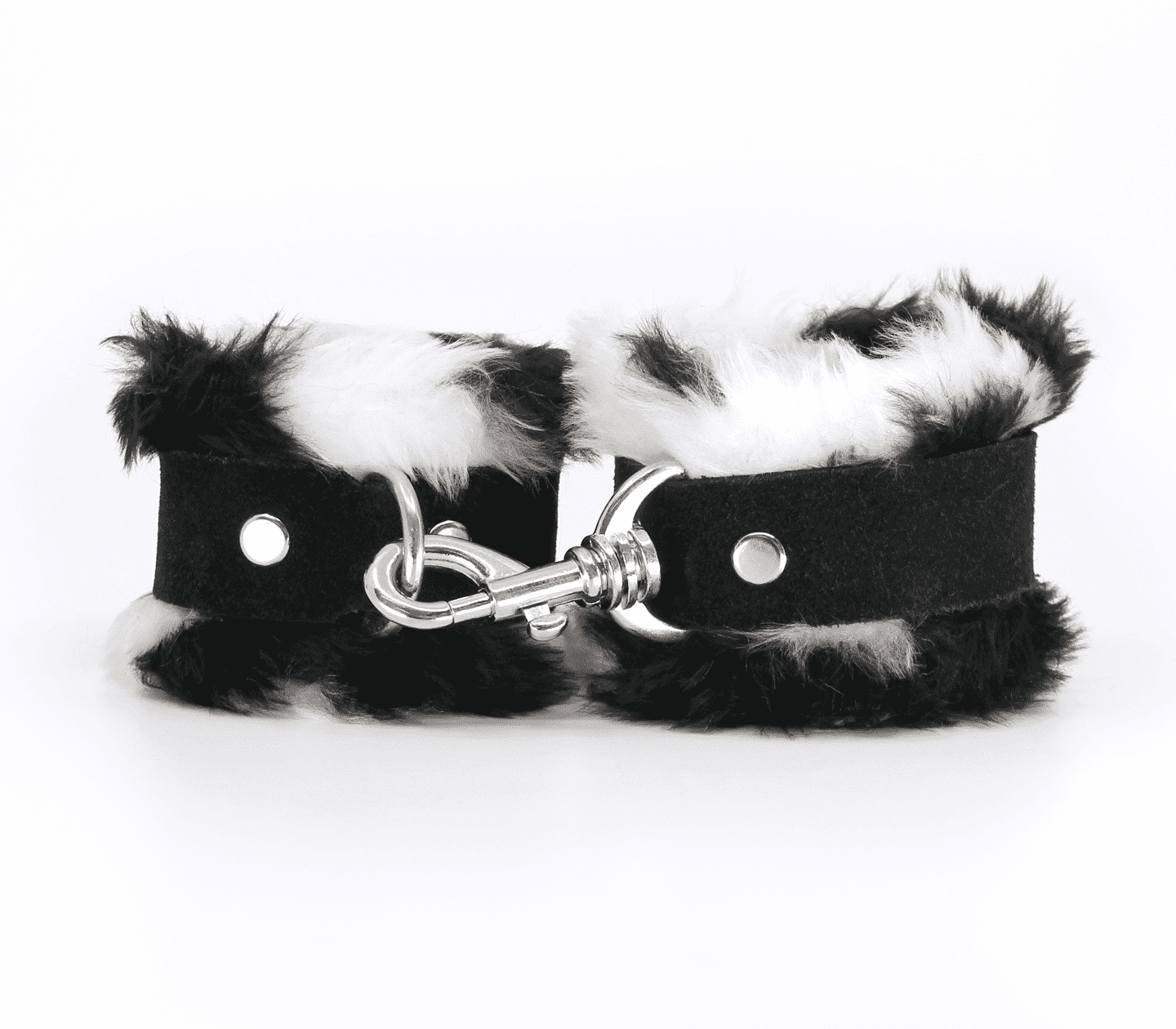 Love In Leather Fluffy Cuffs with Suede Leather Strap White Animal Print Cuffs And Restraints