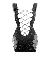 Love In Leather Sexy Womens Rhinestone Sleeveless Dress Black BabyDolls And Chemises