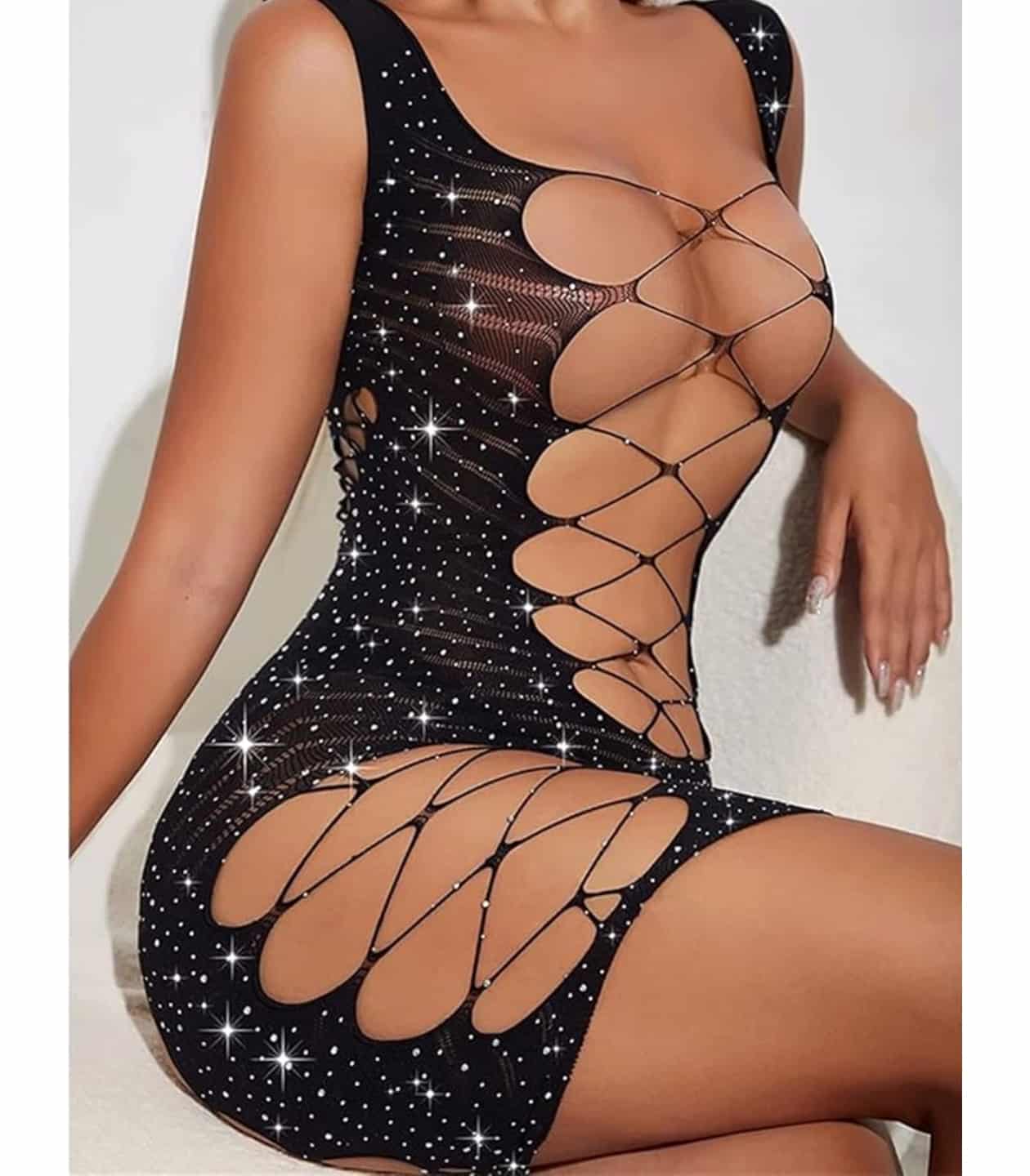 Love In Leather Sexy Womens Rhinestone Sleeveless Dress BabyDolls And Chemises