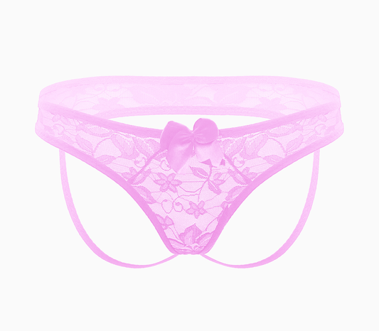 Love In Leather Full Lace Womens Crotchless Panties OS Baby Pink G-Strings, Panties and Shorts