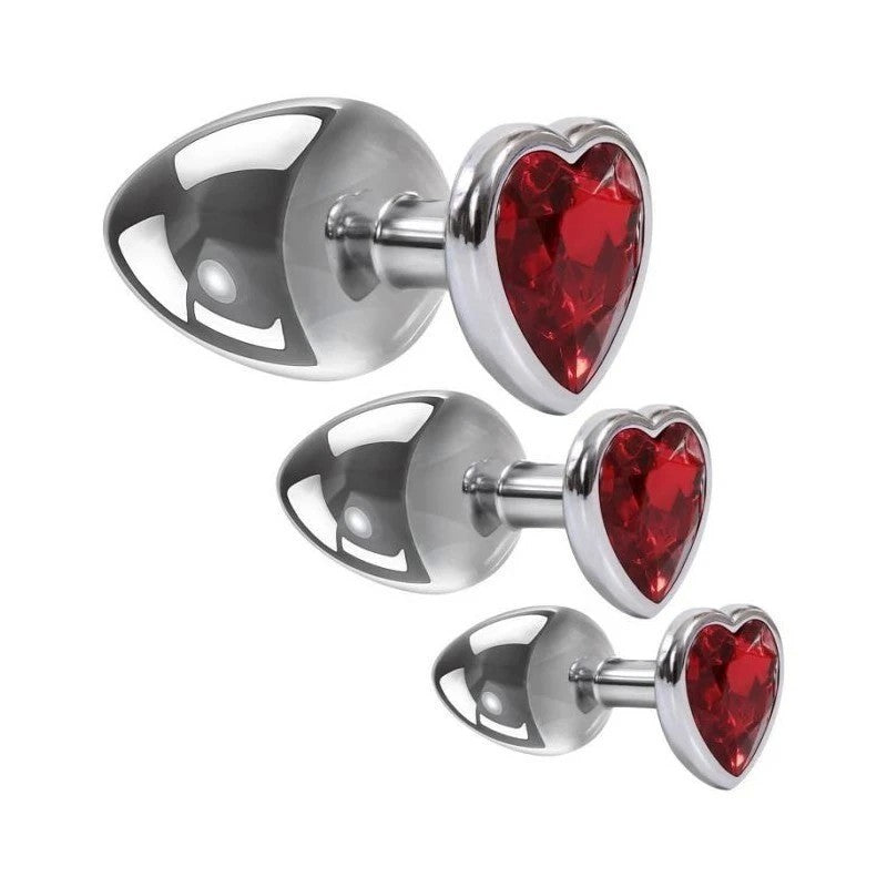 Adam and Eve Three Hearts Gem Metallic Anal Plug Set with Gem Bases Butt Plugs