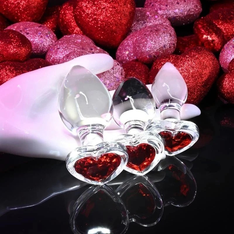 Adam and Eve Red Heart Gem Glass Butt Plug Set Clear 3 sizes Butt Plugs