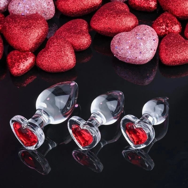 Adam and Eve Red Heart Gem Glass Butt Plug Set Clear 3 sizes Butt Plugs