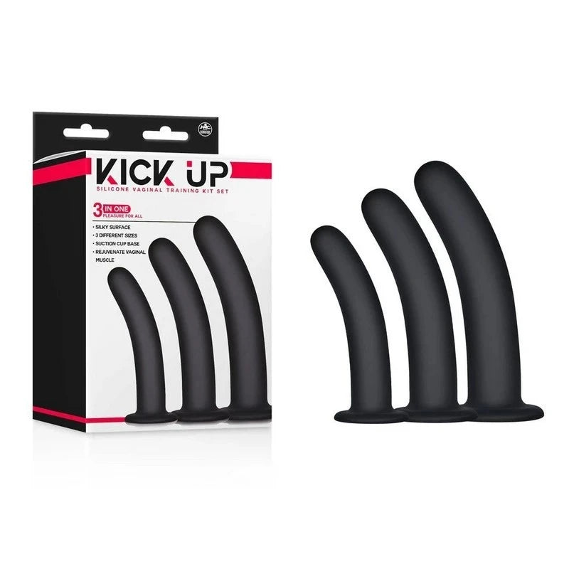 Excellent Power Kick Up Silicone Vaginal Training 3 Sizes Kit Black Pussy And Clit Toys