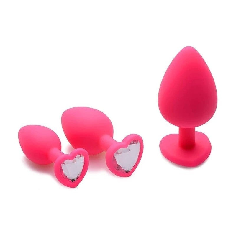 Frisky Pink Hearts Silicone Anal Plugs with Gem Accents 3 Piece Butt Plugs