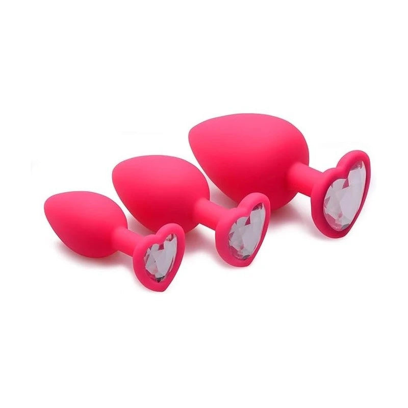 Frisky Pink Hearts Silicone Anal Plugs with Gem Accents 3 Piece Butt Plugs