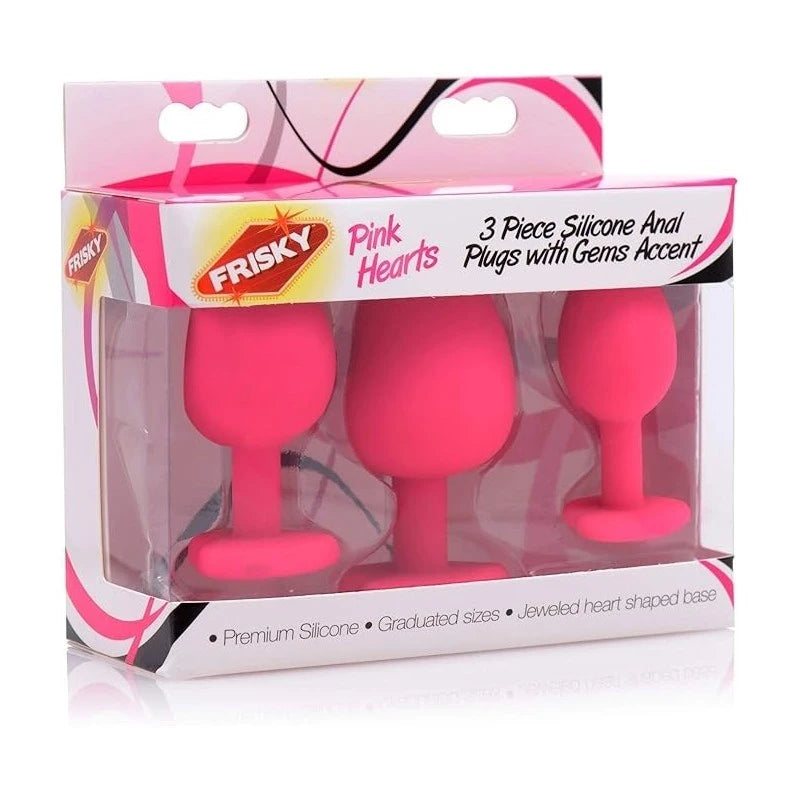 Frisky Pink Hearts Silicone Anal Plugs with Gem Accents 3 Piece Butt Plugs