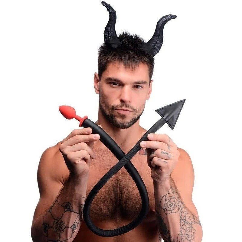 Tailz Devil Tail Anal Plug and Horn Set Black Butt Plugs