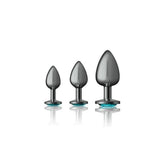 Cheeky Charms Round Metal Butt Plug Gunmetal Kit With Teal Jewel 3 Piece Butt Plugs