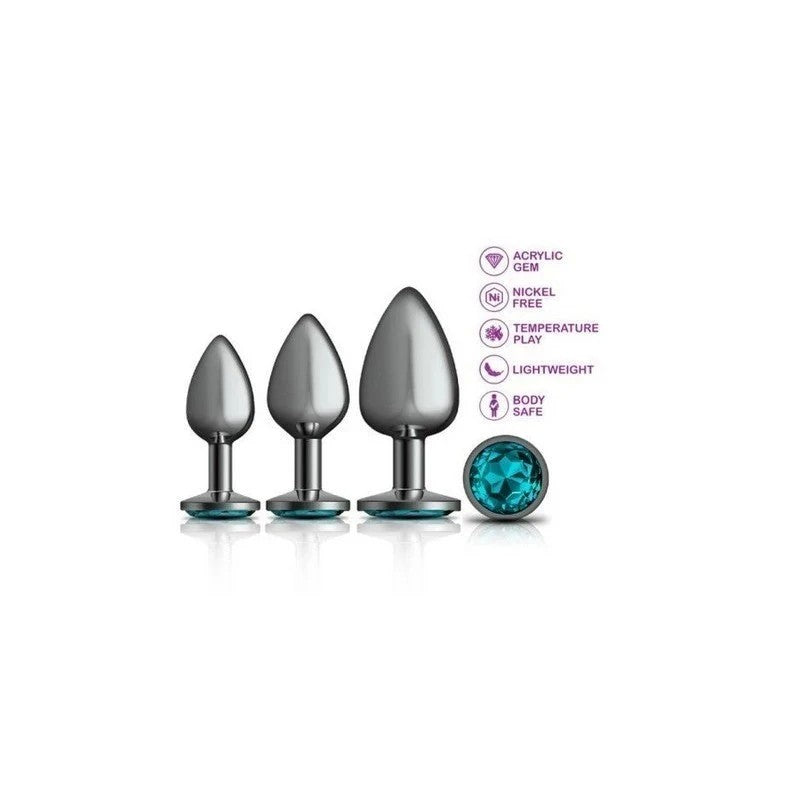 Cheeky Charms Round Metal Butt Plug Gunmetal Kit With Teal Jewel 3 Piece Butt Plugs