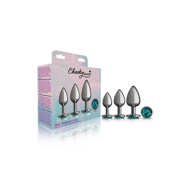Cheeky Charms Round Metal Butt Plug Gunmetal Kit With Teal Jewel 3 Piece Butt Plugs