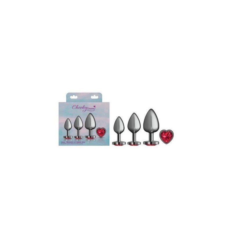 Cheeky Charms Round Metal Butt Plug Gunmetal 3 Piece Kit With Dark Red Heart Jewel Butt Plugs