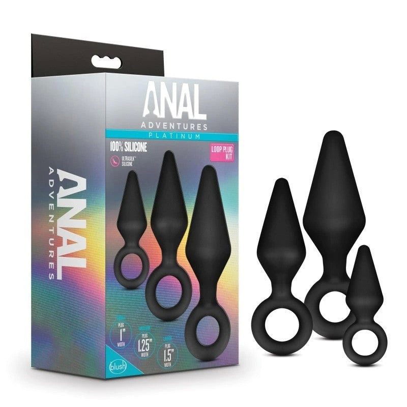 Blush Novelties Anal Adventures Platinum Loop Butt Plug Kit 3 Sizes Black Butt Plugs