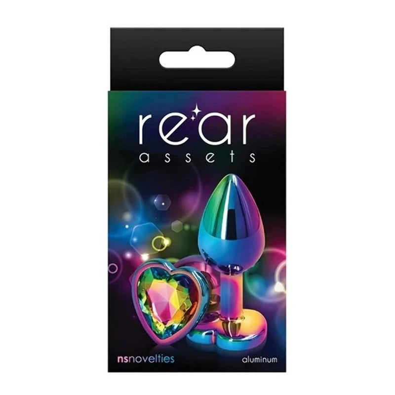 NS Novelties Rear Assets Multi Coloured Medium Metal Butt Plug With Pink Gem Base Butt Plugs