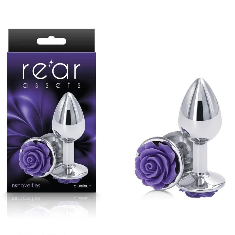 NS Novelties Rear Assets Rose Metal Butt Plug With Purple Rose Base Small Butt Plugs