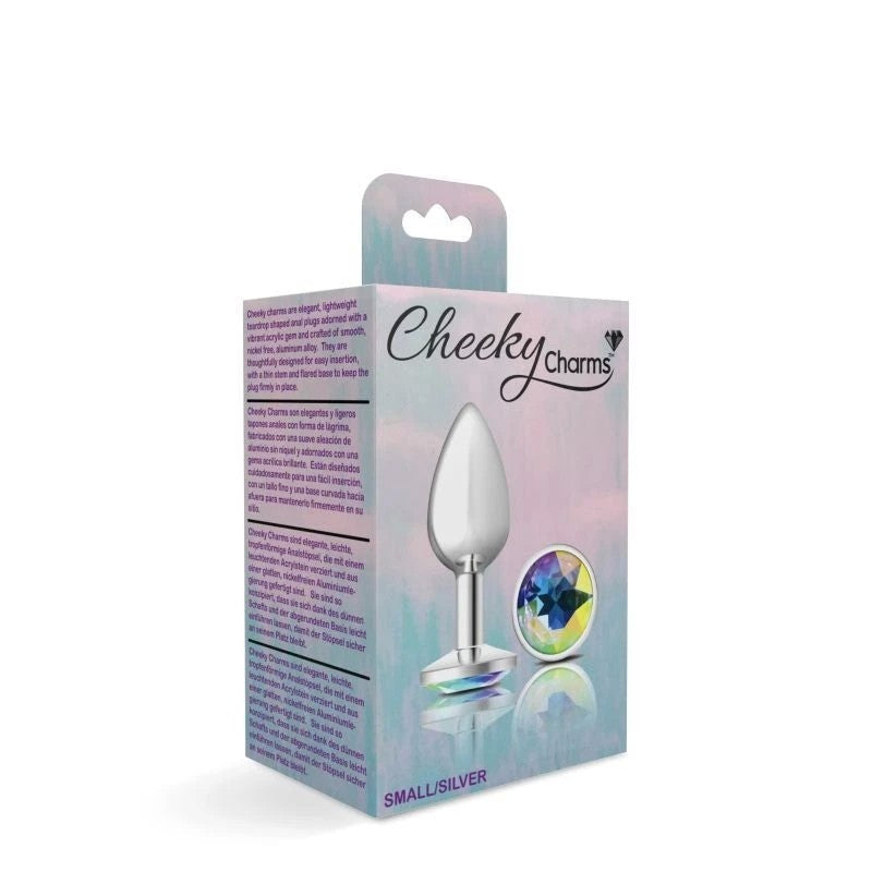 Cheeky Charms Silver Round Butt Plug With Clear Iridescent Jewel Butt Plugs