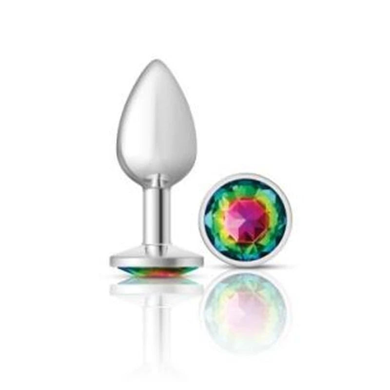 Cheeky Charms Silver Round Butt Plug With Rainbow Jewel Butt Plugs